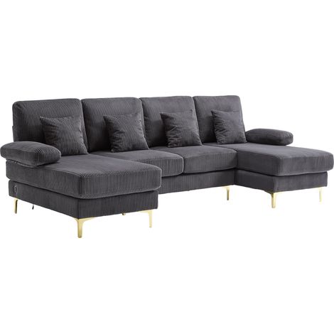 ELVMI U-Sofa mit LED-Beleuchtung und USB-Anschluss, Ergonomischer Rückenlehne und Tiefem Sitz aus Samt Grau (1/5)