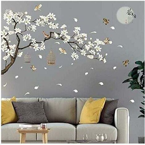 Pegatinas de pared de flores de cerezo y pájaro en una rama, pegatinas de estilo vintage para dormitorio de adultos, 187 x 128 cm, pegatinas para cabecero de cama juvenil, pegatinas de vinilo para par