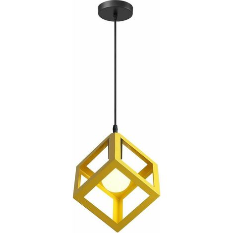 Suspension Luminaire Moderne Lustre Forme Cube Lampe De Plafon De Style Géométrique En Métal E27 Plafonnier Pour Chambre Salon Restaurant - 16Cm, Jaune (1/5)