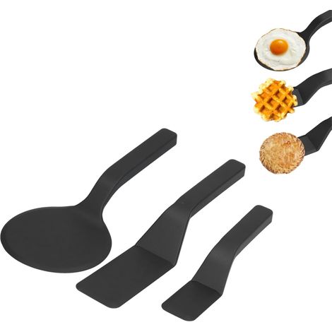 Ensemble de 3 spatules de cuisine rondes et carrées en nylon résistant à la chaleur, antiadhésives, pour frire les œufs et le pain (noir). (1/4)
