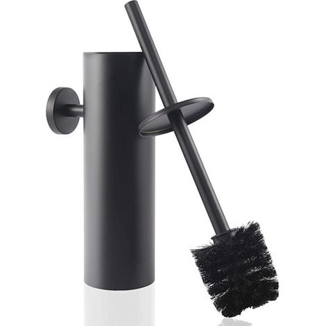 WC-Bürste mit Ersatzbürstenkopf und Klebefläche, WC-Bürste und Behälter aus Edelstahl, Wandhalterung mit Deckel, Badezimmeraccessoires mit langem Griff, mattschwarz
