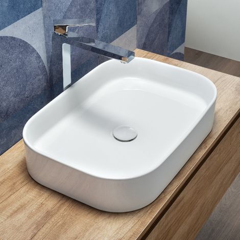 Lavabo da Appoggio a Bacinella Rettangolare 55x38 Cm in Ceramica Bianco (1/4)