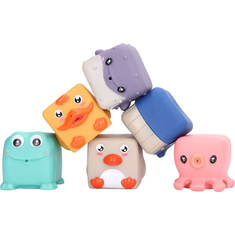 6 Pcs Jouets de Bain Empilables Animaux Cubes Mous Squirters Blocs de Construction pour Enfants (1/5)