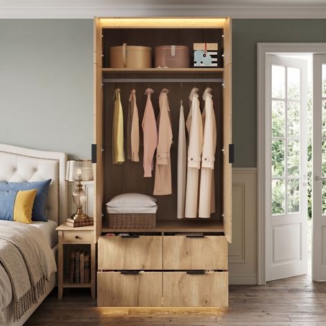 Armoire 2 portes avec miroir et LED, 90x47x200 cm, 1 tringle, 4 tiroirs, chambre moderne, 90x47x200 cm, coloris anthracite et chêne (1/5)