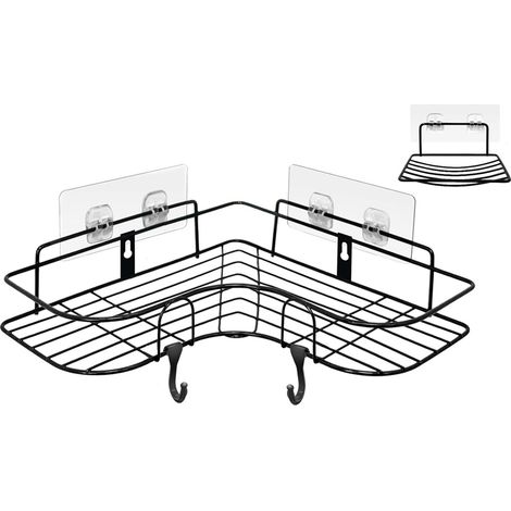 Panier de douche d'angle, étagère de rangement pour salle de bain avec porte-savon intégré et crochets adhésifs, noir (1/5)