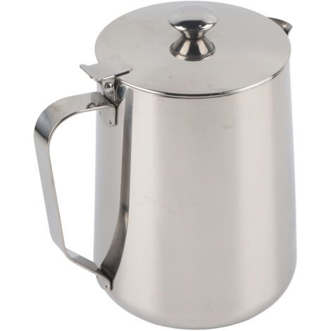 DEESSE SHOP-Pichet En Acier Inoxydable Tasse De Lait Pichet Cruche Avec Couvercle Pour Art Du Café Latte Pour Cuisine De Bureau Avec Poignée(350 ml-Argent) (1/5)