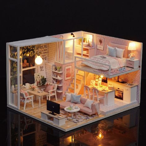 LED-Beleuchtung für Puppenhäuser im Maßstab 1:24, Miniatur-Holzmöbel-Bausatz zum Selbstzusammenbauen, kreatives Geschenk für Erwachsene und Kinder