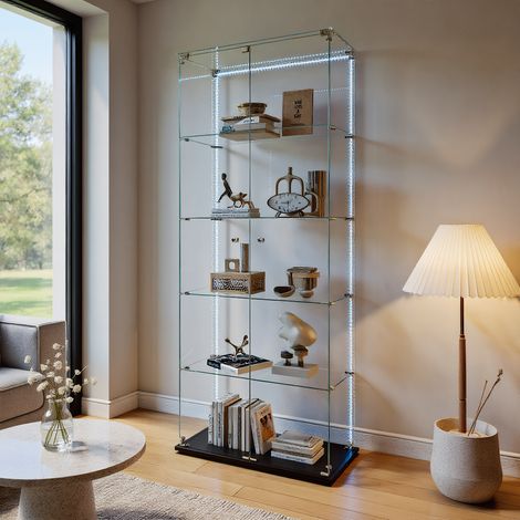Vitrine en Verre avec Éclairage LED, Armoire vitrine pour Collection avec 2 porte et 5 étagères, Meuble Vitrines, pour chambre, salon et salle à manger, 78 x 34 x 186 cm, Noir (1/5)