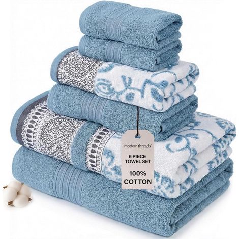 Serviette De Bain - Lot De 6 Pièces 100 % Coton - 2 Serviettes De Bain 70x140 Cm 2 Serviettes À Main 35x70 Cm 2 Gants De Toilette 33x33 Cm Bleu Ophelia (1/5)