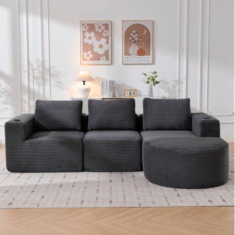 Canapé d'angle 3 places 258 cm en polyester gris foncé avec 3 coussins et 2 porte-gobelets REDOM (1/5)
