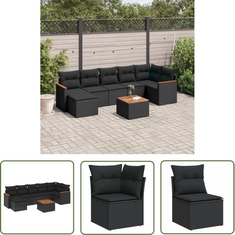 The Living Store 8-tlg. Garten-Sofagarnitur mit Kissen Schwarz Poly Rattan - Gartenmöbel - Outdoor-Set - Rattan-Lounge - Lounge Set - Esstisch (1/5)