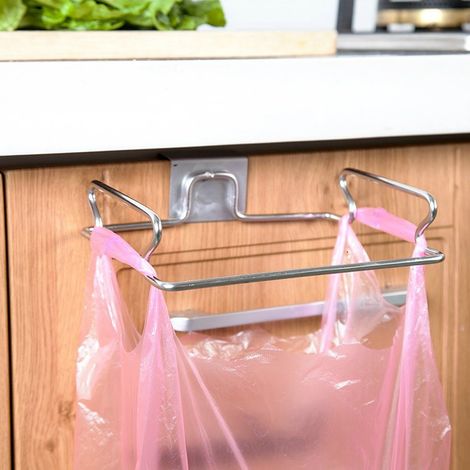 Support de porte en acier inoxydable pour sac poubelle de cuisine, à suspendre derrière la porte. (1/5)