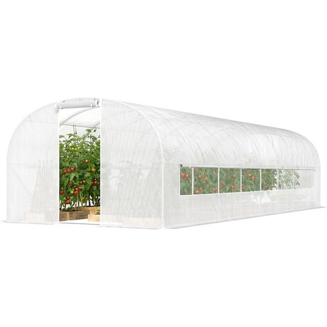 Serre tunnel de jardin 24m², serre de jardin tunnel avec cadre en acier galvanisé, portes et 2 grandes fenêtres, blanc