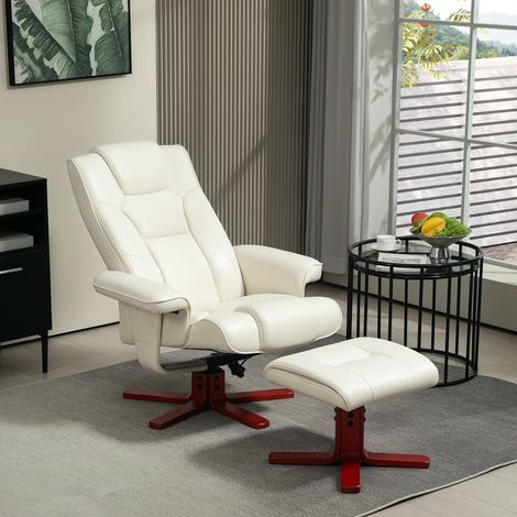 Fauteuil relax inclinable 135° en similicuir crème avec repose-pieds, fonction rocking, dossier réglable, rembourré, charge 150 kg (1/5)
