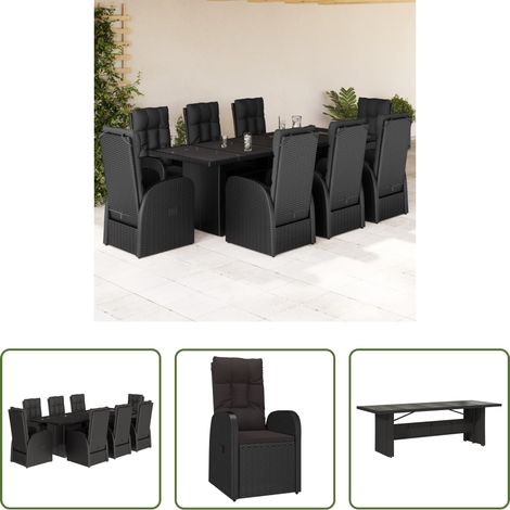 Gartentisch - 9-tlg. Garten-Essgruppe mit Kissen Schwarz Poly Rattan (1/5)
