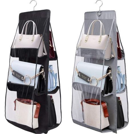 2Pack Organiseur de sac à main à suspendre 6 Poches Organisateur de Garde Robe Sacs Penderie Sac de Rangement Suspendu Organisateur de Garde Robe Pliable(Noir+Gris) (1/5)