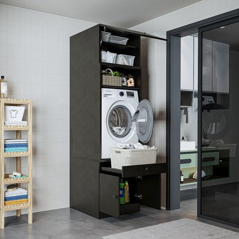1000 Series Washing Machine Cabinet with Pull Out Shelf and Hinged Door, Modern Tall Laundry Storage Unit, Dark Oak Effect