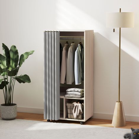 Armoire penderie armoire de rangement mobile avec rideau, tringle de suspension, 60 x 40 x 128 cm, effet bois naturel (1/5)