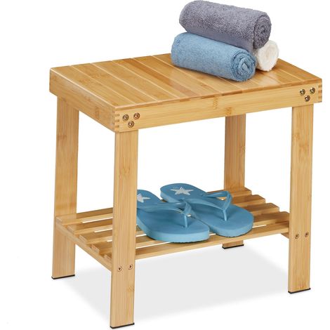Relaxdays Sgabello da Bagno in Bambù, Mobiletto Ripiano, Alzatina, Pouf, in Legno, HxLxP: 41,5 x 44 x 28 cm, Marrone