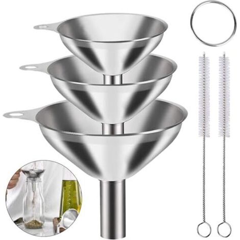 Set mit 3 Edelstahltrichtern mit Reinigungsbürste und Aufhängering für Marmeladen, Öle, Flüssigkeiten, Pulver, Küchentrichter (4,5/5,6/7,5 cm) - (1/5)