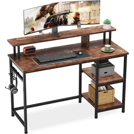Dripex Bureau d'ordinateur, Table de Bureau avec Support d'Écran, Bureau Informatique avec 2 étagères de Rangement, Bureau d'Écriture, 107x46x95cm, Marron (1/5)