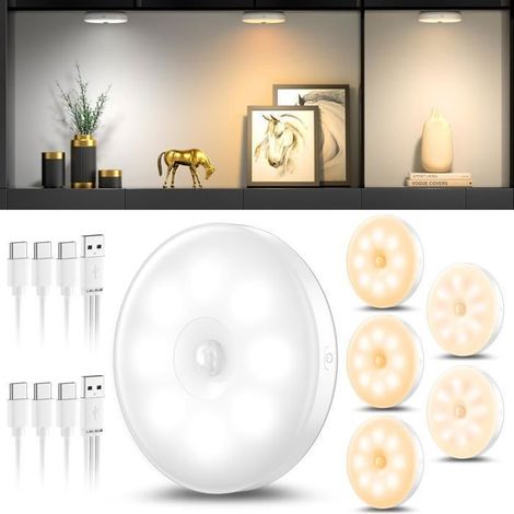 (Blanc)Lot de 6 veilleuses avec détecteur de mouvement, Lampe LED rechargeable USB à trois couleurs, Lumiere detecteur de mouvement (1/5)