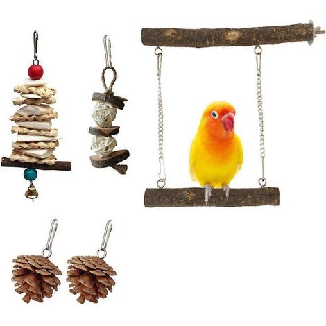 Lot de 5 jouets pour perruches, balançoire suspendue en bois, jouet molaire à suspendre, coloré (1/4)