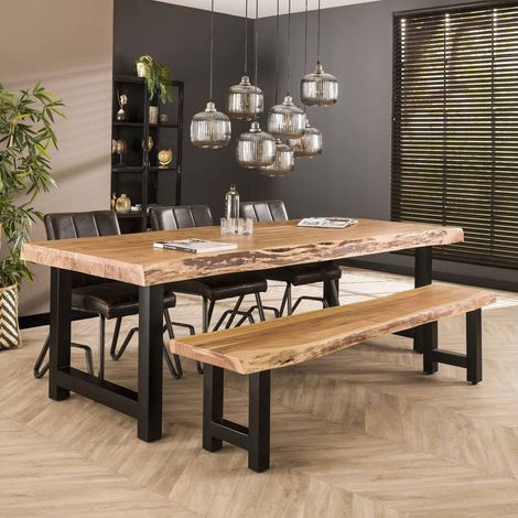 M&S – Table extensible 240 cm en acacia massif et métal noir – Plateau large 10 cm – Finition vernis transparent – 8 places