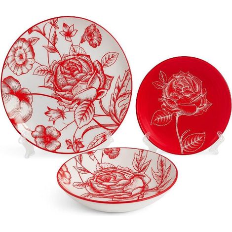 Servizio di Piatti da Tavola in Porcellana Rose Rosse 18 Pezzi (1/3)