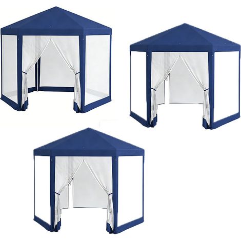 3er-Set pavillon 4x3m Sechseckig Wasserabweisend Stabil Winterfest Pavillon mit Moskitonetz Partyzelt Gartenzelt mit 6 Seitenteilen Gartenpavillon für Camping Garten, Blau