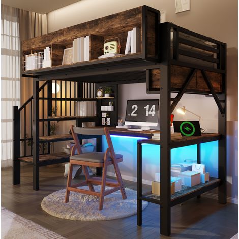Lit mezzanine 90/200 cm noir et brun vintage en bois et métal avec bureau d'angle et rangements (1/5)