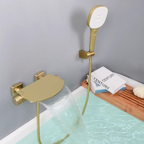 Bath Faucet with Shower, Waterfall Bath Mixer Tap, Wall Mounted Bath Shower Mixer Tap, Brass, Brushed Gold, 16Y4OK (1/5)