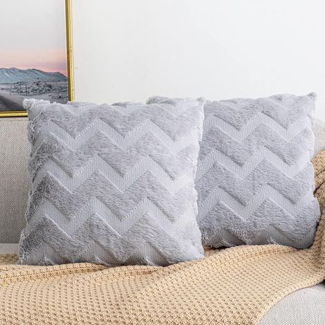 Housse de coussin 2 pièces en imitation laine et velours, taie d'oreiller douce et moelleuse à motif vagues, housse de coussin grise pour canapé, 45 x 45 cm (1/4)
