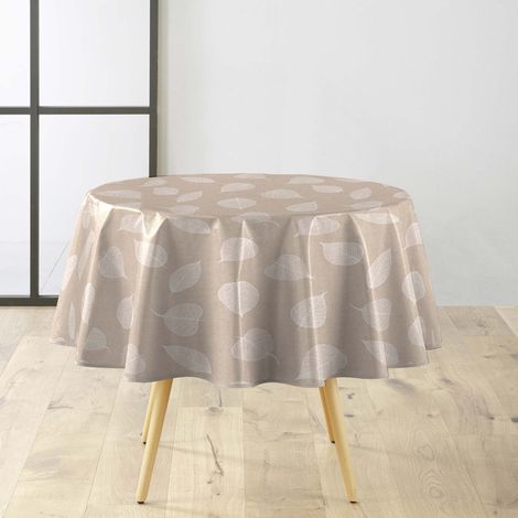 Nappe Toile Cirée Ronde "Feuillys" 160cm Beige Lin & Blanc