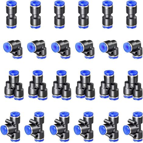 24 conectores neumáticos, racores de conexión rápida de 12 mm, 6 rectos, 6 codos, 6 tes, 6 Y, aire comprimido (1/5)