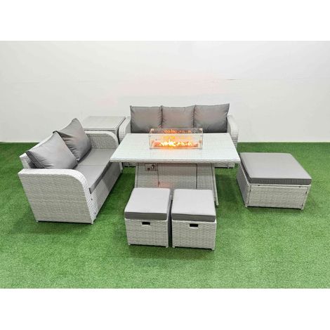 Fimous 8 Seater PE Rattan Wicker Garden Furniture Patio Conservatory Sofa Set with Firepit Dining Table 3 Seater Sofa Love Sofa 3 Stool Side Table (1/4)