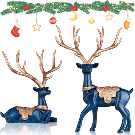 Lot de 2 Figurines de cerf de Noël - Bleu - Décoration de Noël - Petit Renne - Décoration de Noël pour la Maison, Le Bureau, la Chambre - Table Basse - Entrée - Centre de Table (1/5)