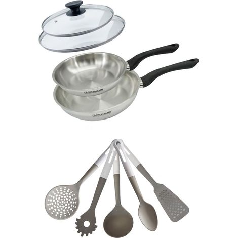 Lot de 2 Poêles en inox 20/24 cm avec couvercles Fackelmann Geneva avec 5 ustensiles de cuisine