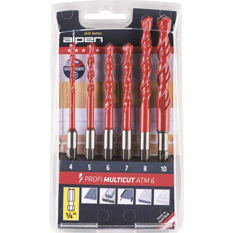 ALPEN 100802100 - Juego de brocas universales de carburo (1/4 pulgadas, vástago hexagonal de 4 a 10 mm, 6 unidades), color plateado