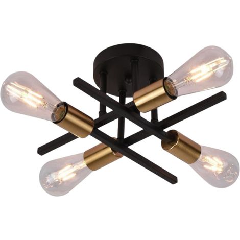 TrAdE Shop Traesio - Plafoniera A Soffitto Design Industriale Moderna Nero Oro 4 Portalampada Attacco E27 Pn-16 -