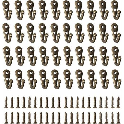 Ensemble de 40 crochets métalliques pour vêtements, crochets de porte, crochets muraux vintage, avec 80 vis, adaptés aux cuisines, salons, chambres et derrière les portes (couleur bronze). (1/4)