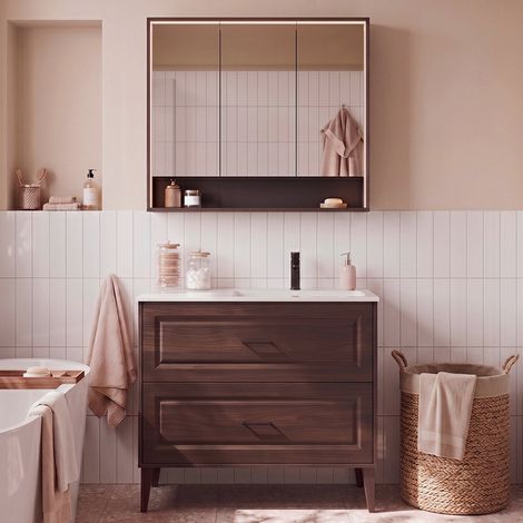 Conjunto de mueble con lavabo empotrado simple de 100 cm a la derecha y armario con espejo en color Moka, madera oscura (1/4)