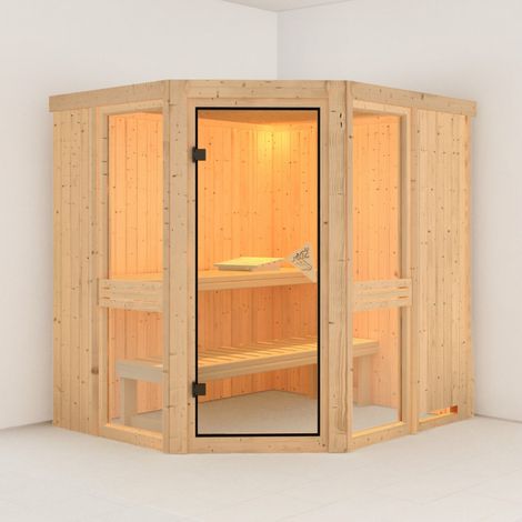 Sauna traditionnel d'angle 3 à 4 places - parois 68mm - sans couronne - porte classique - Amelia 1 - KARIBU (1/5)