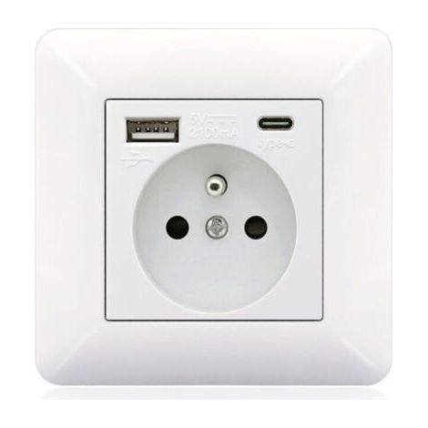 Panneau de prises françaises Type-c+USB16A Type 86, nombre de prises : 2 trous, nombre de ports USB : 1, nombre de ports type-c : 1, sûr et ferme(arc blanc) (1/3)