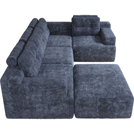 Sofá modular de chenilla azul con puf, sin montaje, 252 x 180 x 82 cm (1/5)