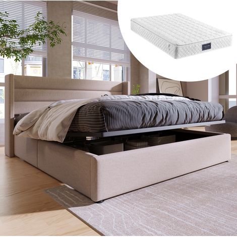 Lit coffre double en lin beige 160x200 cm avec sommier relevable hydraulique et matelas inclus (1/5)