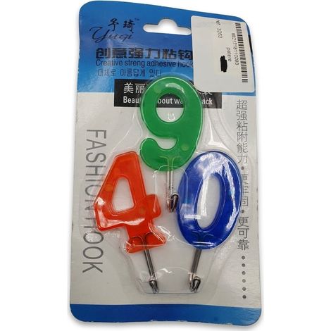 Lot de 3 - YUQI - Patères adhésives en plastique - Forme chiffres 4, 9, 0 - Charge max 2.0kg - ref: 3283 - Adhésion forte - Voir photos pour détails (1/2)