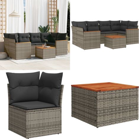Salon de jardin avec coussins 7 pcs gris résine tressée - Ensemble Salon De Jardin - Mobilier De Jardin - Canapé Extérieur - Set De Salon - Chaise Longue - Home & Living