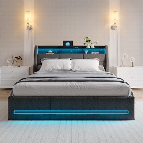 Sunfecili – Lit coffre 140x200 avec lumières LED réglables – Chargement USB – Tête de lit avec 3 compartiments de rangement – Lin gris (1/5)