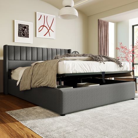 Letto con contenitore imbottito in lino grigio 180x200 cm, rete a doghe inclusa (1/5)